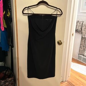 Black strapless day dress.